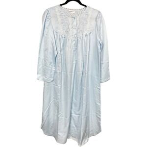 Miss Elaine Baby‎ Blue Satin Quarter Button Lace Embroidered Night Gown Size L